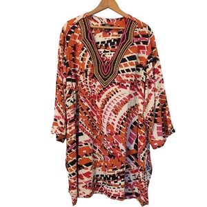 Embroidered V-Neck Tunic Top - Orange Pink Print size 3X